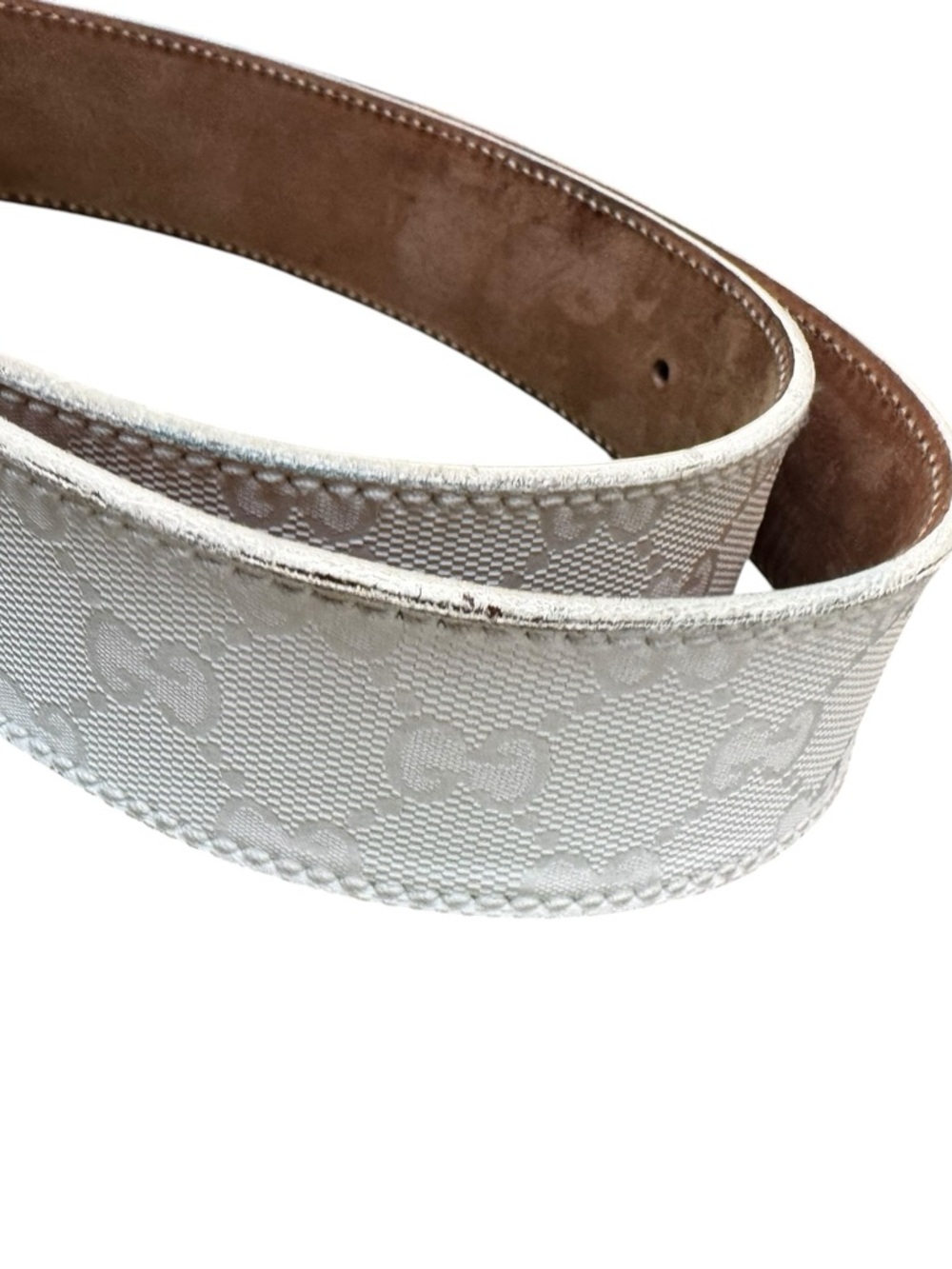 Gucci Cream Monogram Canvas Belt with Silver Double G Buckle - Picture 7 of 11
